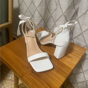 Bridal White Pearl-Embellished Women's Heels with ribbon ankle ties. Never worn